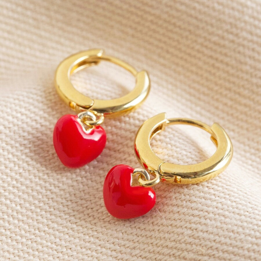Tiny red heart earrings, gold hoops