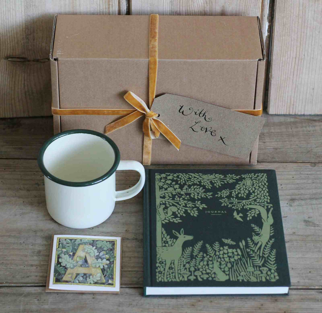 boxed gift with journal and enamel mug