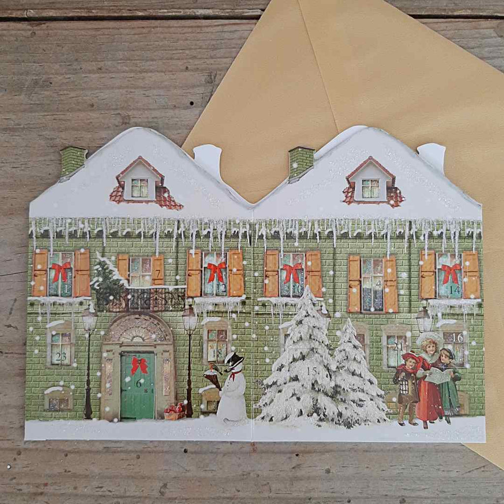 Mini Advent Lantern - Victorian House. Traditional German Advent Calendar Lantern with gold envelope