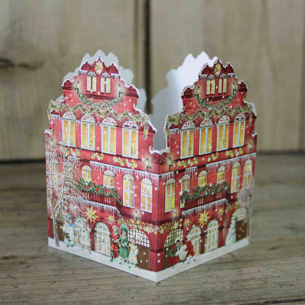 Mini Advent Lantern - Victorian House. Traditional German Advent Calendar Lantern, red