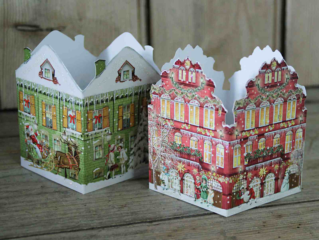 Mini Advent Lantern - Victorian House. Traditional German Advent Calendar Lantern, red and green