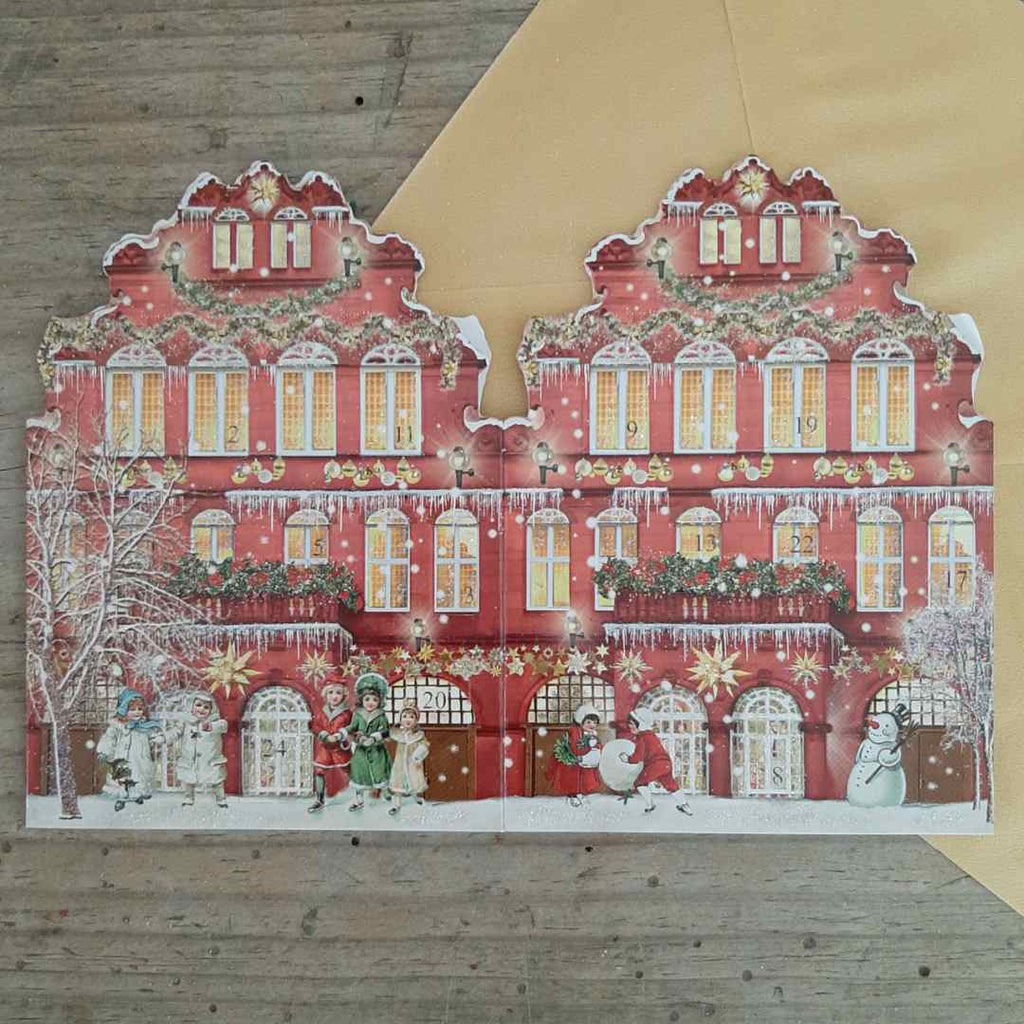 Mini Advent Lantern - Victorian House. Traditional German Advent Calendar Lantern with gold envelope