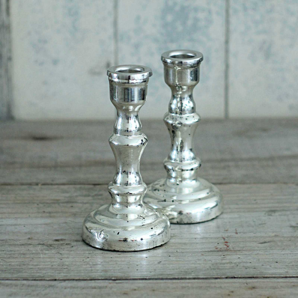 Antique silver candlesticks, mercury glass candle holders