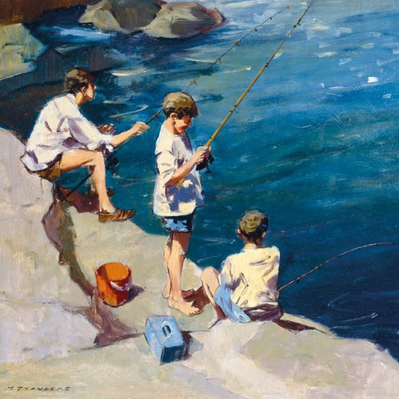'Boys Fishing' vintage card detail