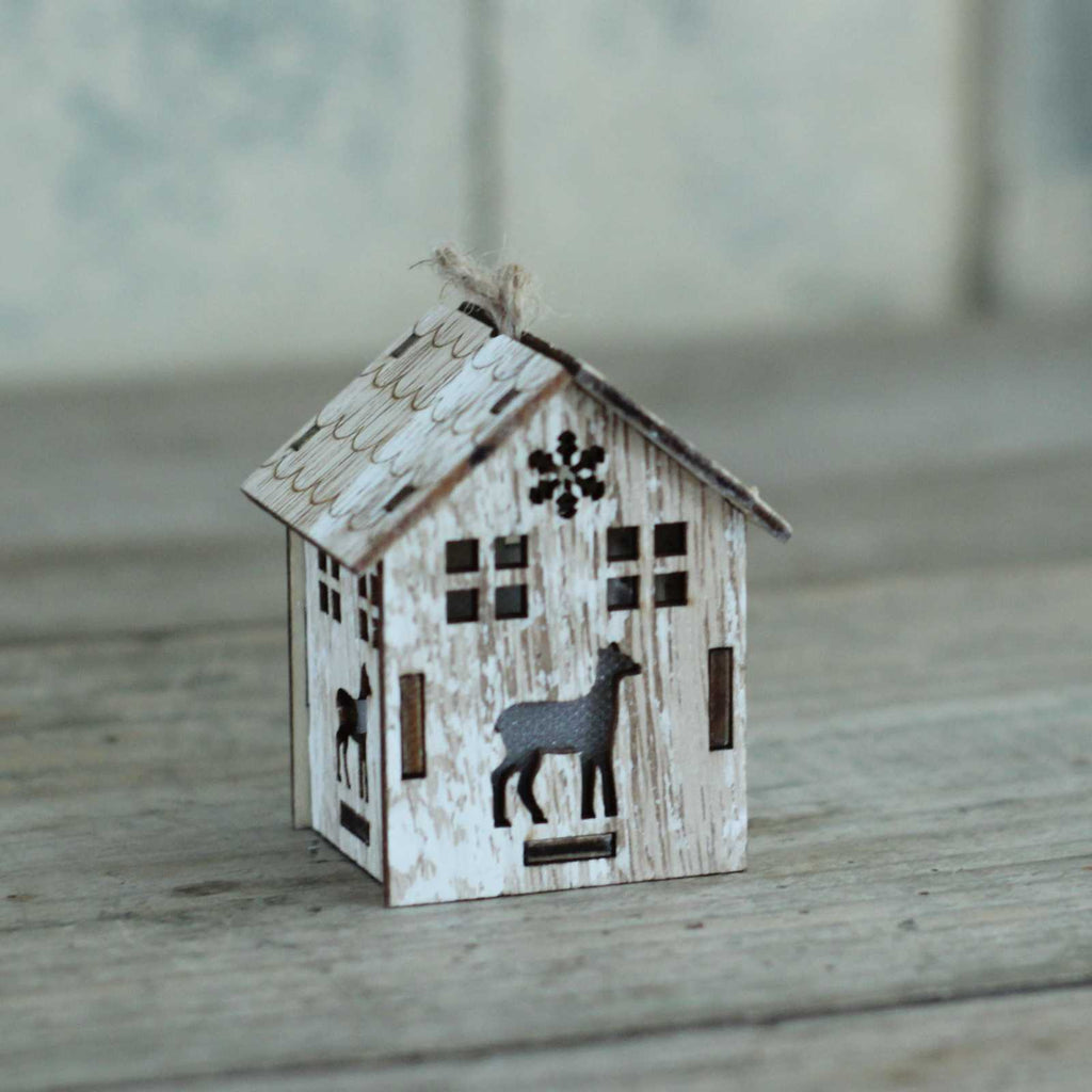 Christmas decoration - light up wooden Christmas cabin with deer