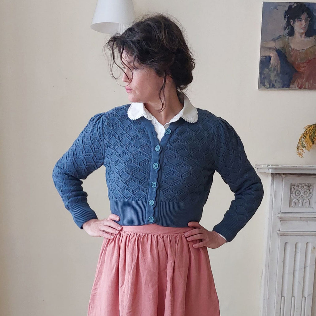 Cropped Cotton Cardigan in Storm Blue with high waisted skirt