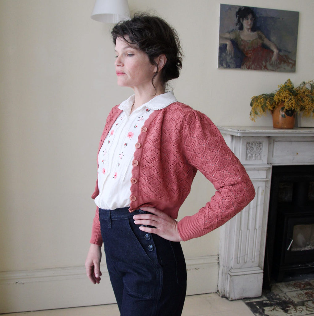 Vintage Cropped Cotton Cardigan in Rose with floral embroidered blouse