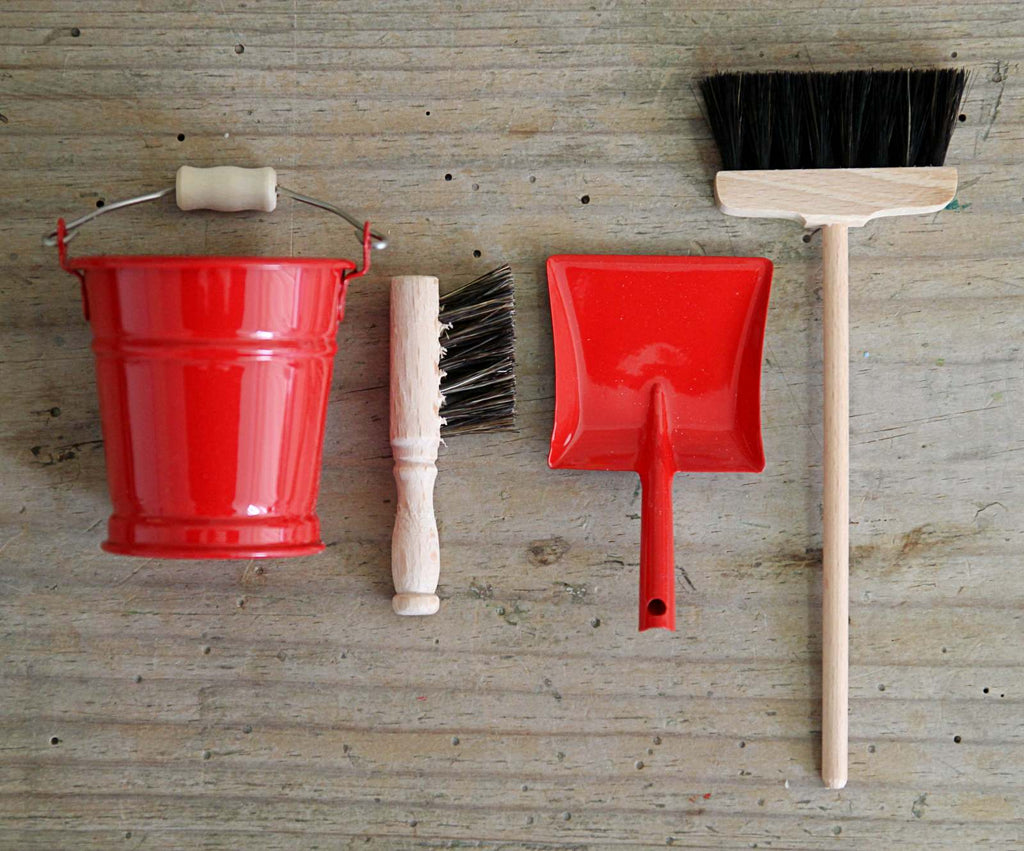 Miniature red enamel bucket, broom and dustpan & brush