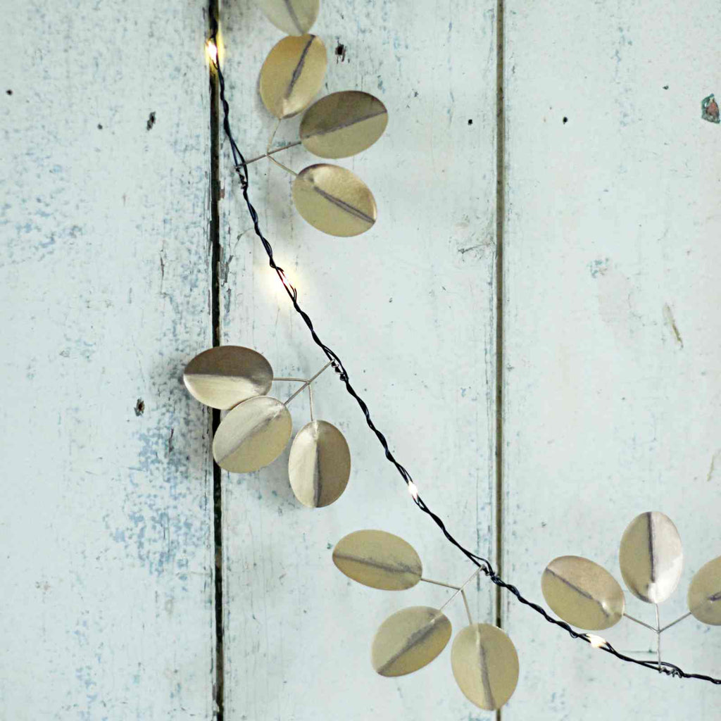 Gold Eucalyptus Fairy Lights, vintage lights for Autumn, gold Christmas lights