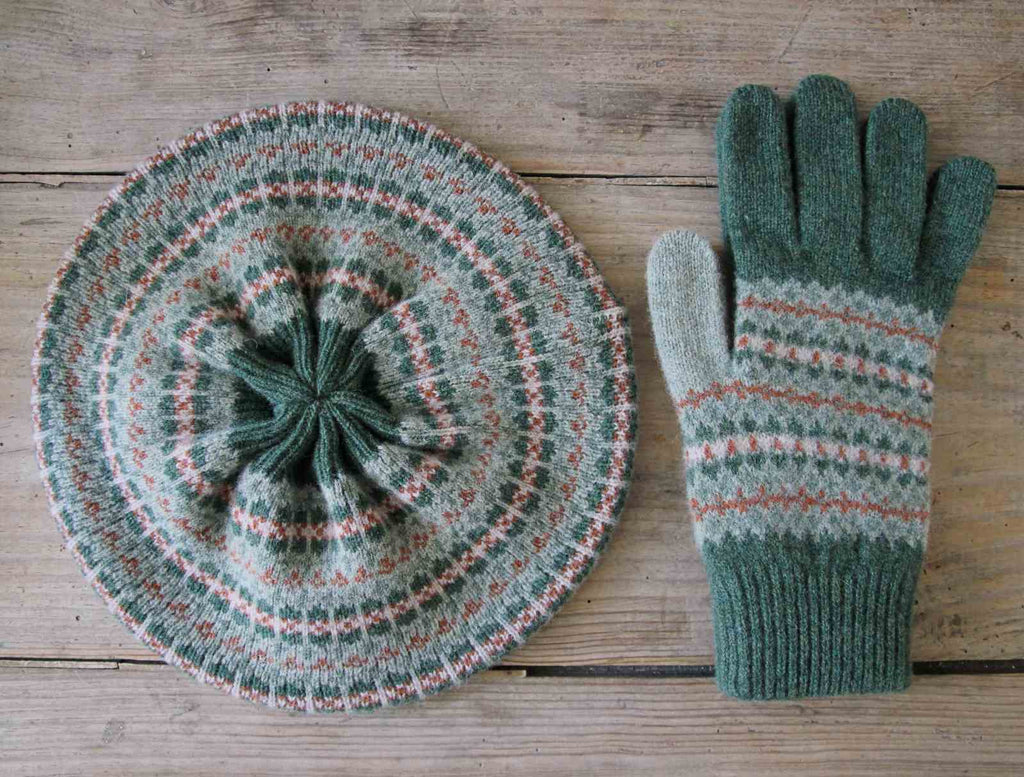 Rosemary green Fair isle beret and matching gloves