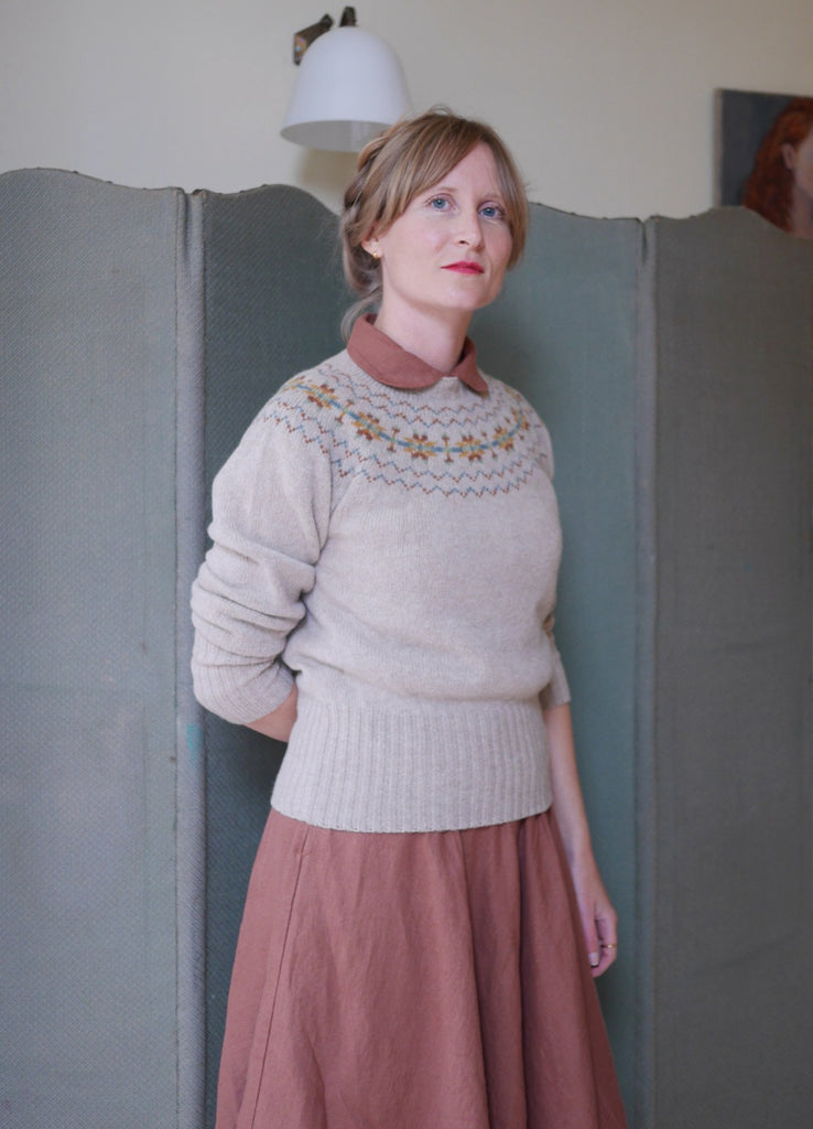 Crew neck Fair Isle Jumper made from Scottish wool, vintage fair isle yolk jumper layered with a linen dress