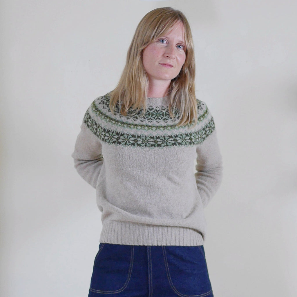 Fair isle boxy jumper, women's Fair Isle Jumper in Oat/Moss