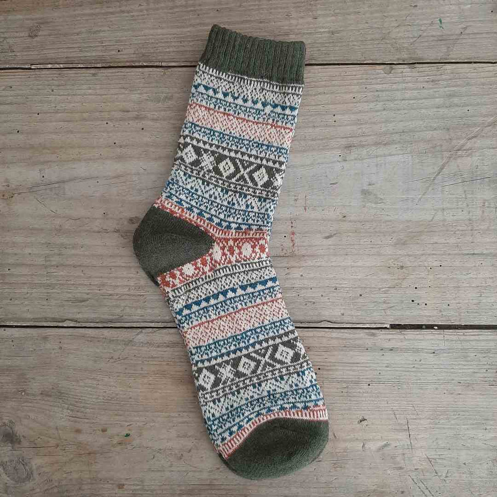 Women's socks, wool blend fair isle socks in Olive