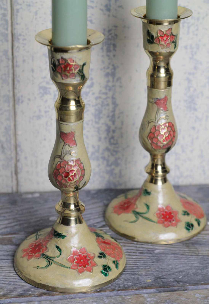 candlestick holders pair with floral enamel detail