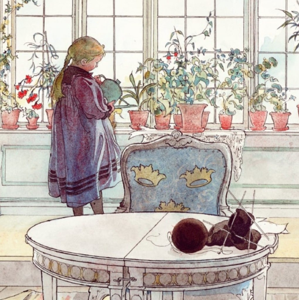 Vintage card 'Flowers on the Windowsill' by Carl Larrson detail