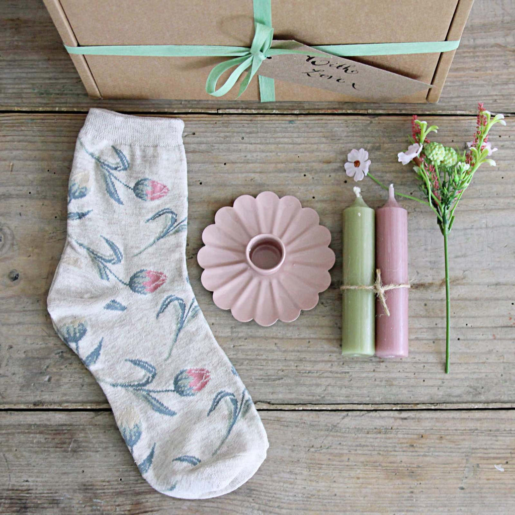 Boxed Gift - Tulip, gift box with socks, candles, a candle holder and a wild flower posy