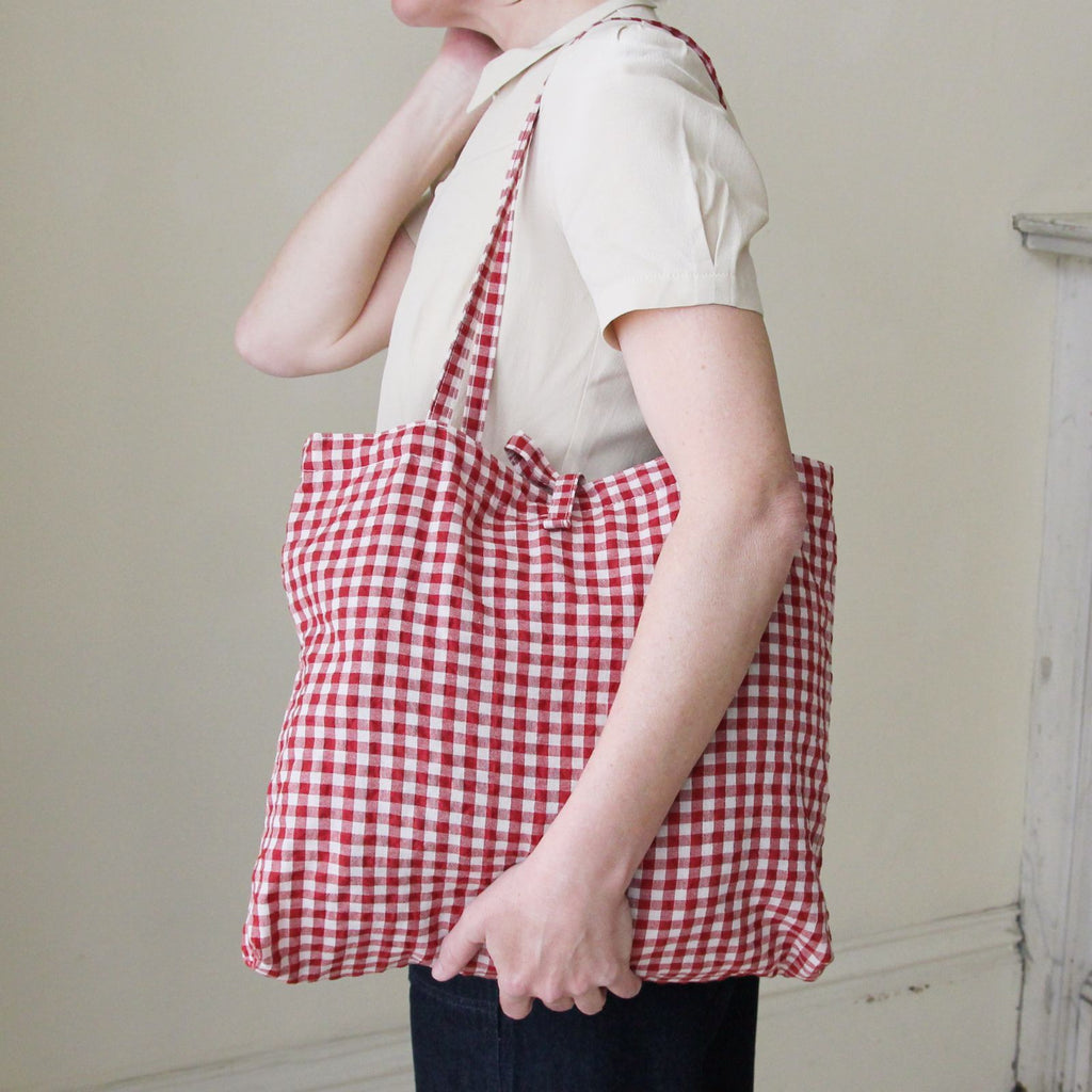 Cotton Gingham Tote Bag - Red & White