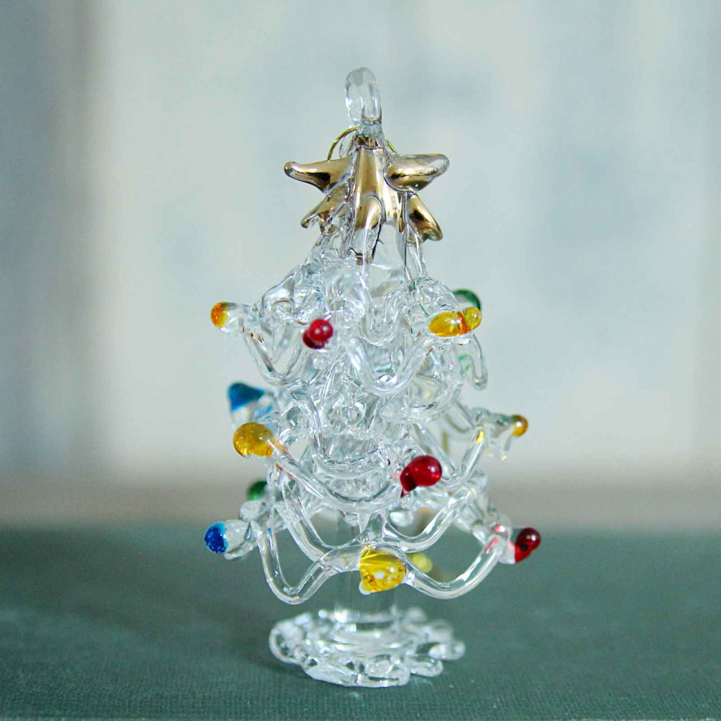 Glass Christmas Tree decoration, made from hand blown glass featuring coloured glass baubles and a gold star on top