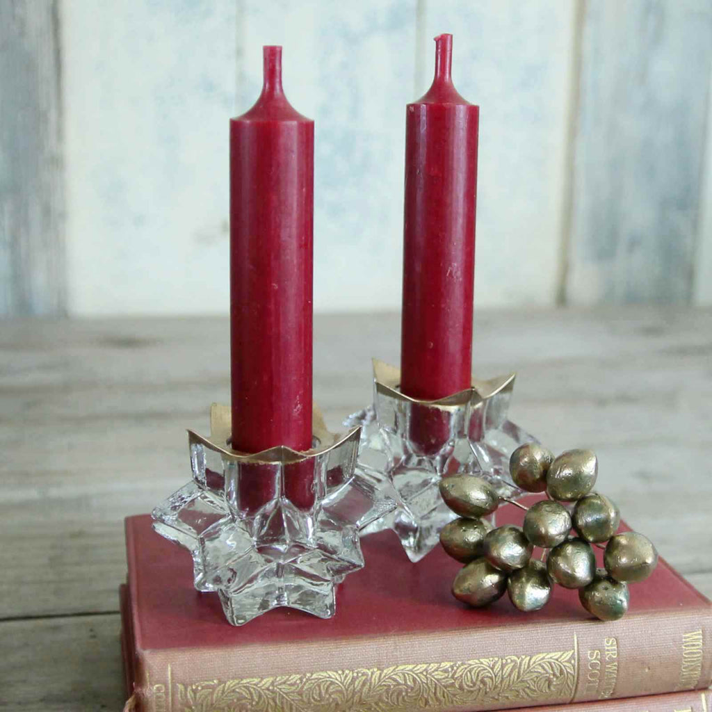 Vintage Chrsitas glass sat candle holders with red candles and gold berries