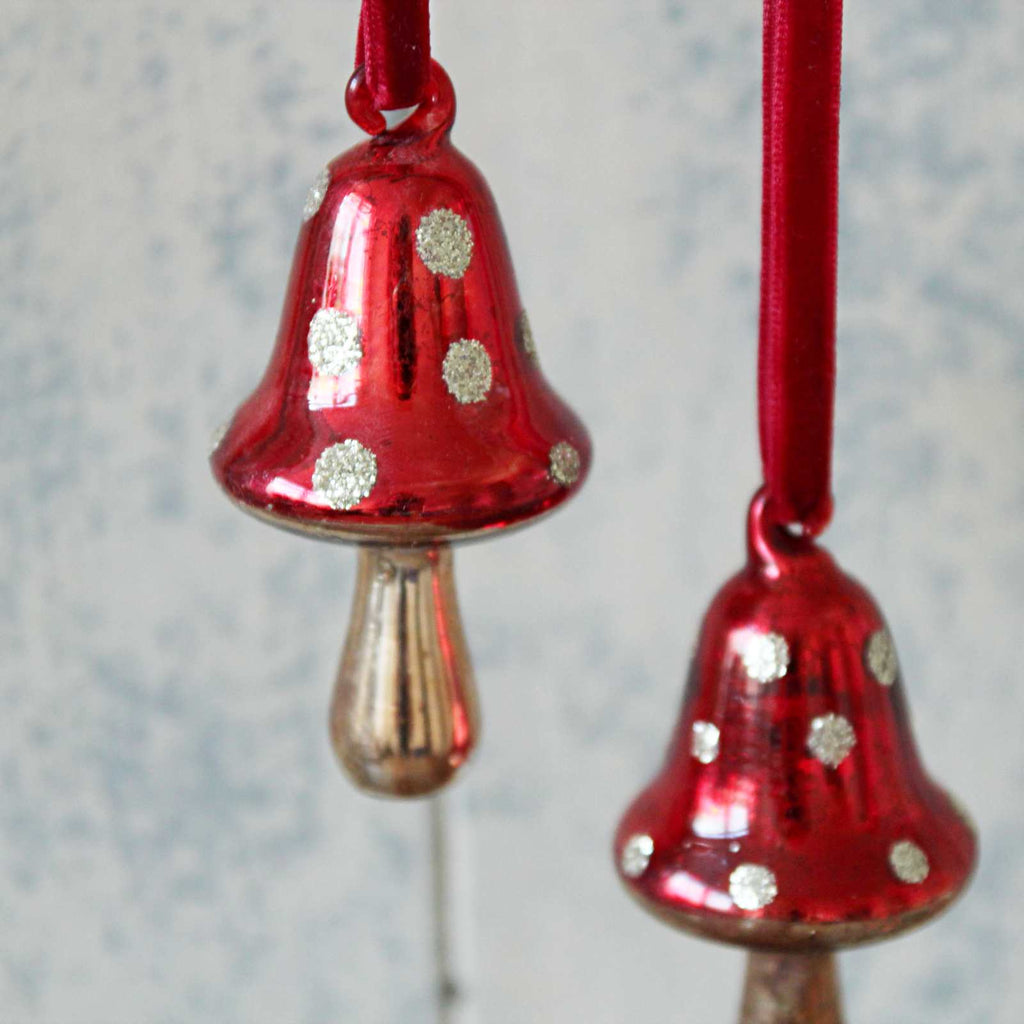 Glass Toadstool Decoration with gold glitter spots and a red velvet ribbon. A beautiful, Victorian style vintage Christmas decoration for your tree. 