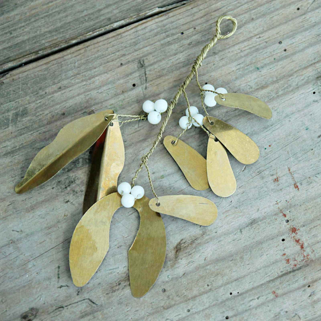 Small Gold Mistletoe & White Beads, beautiful vintage hanging Christmas decoration