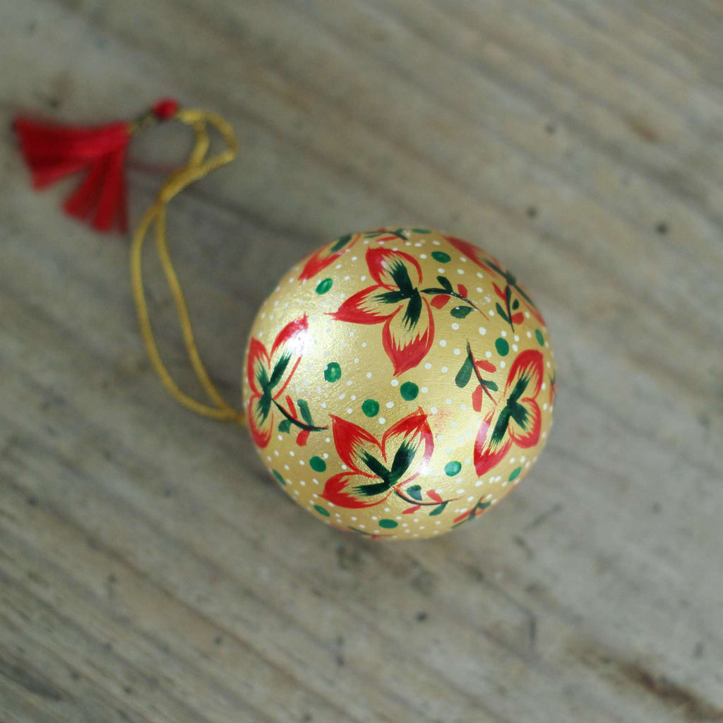 Hand Painted Bauble - Red & Gold Leaf, vintage Christmas Decoration