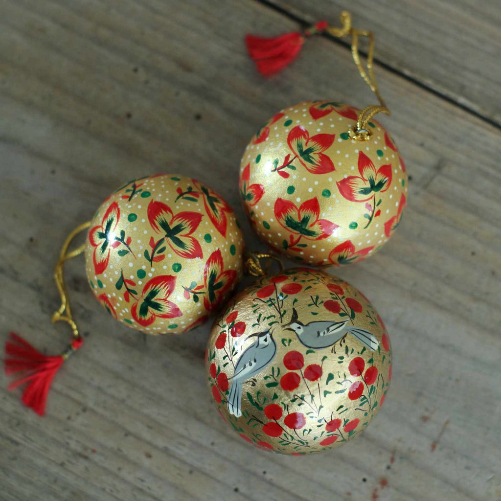 Hand Painted Bauble - Red & Gold Leaf, vintage Christmas Decorations