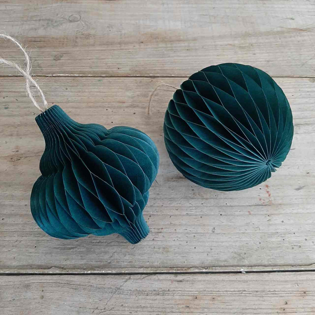 Sustainable Christmas decoration. Honeycomb decoration in Forest Green, made from paper. 