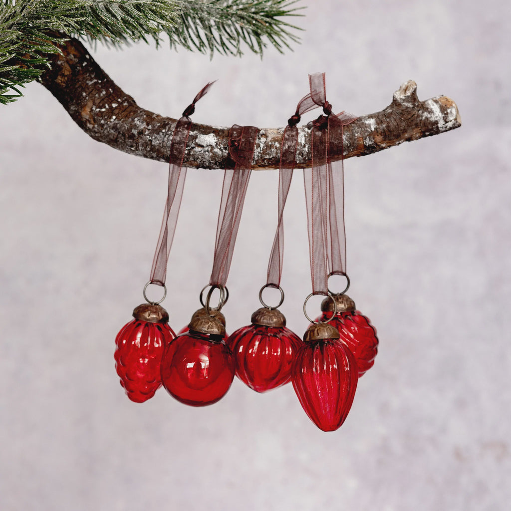 Set of Six Mini Glass Vintage Christmas Decoration - Red