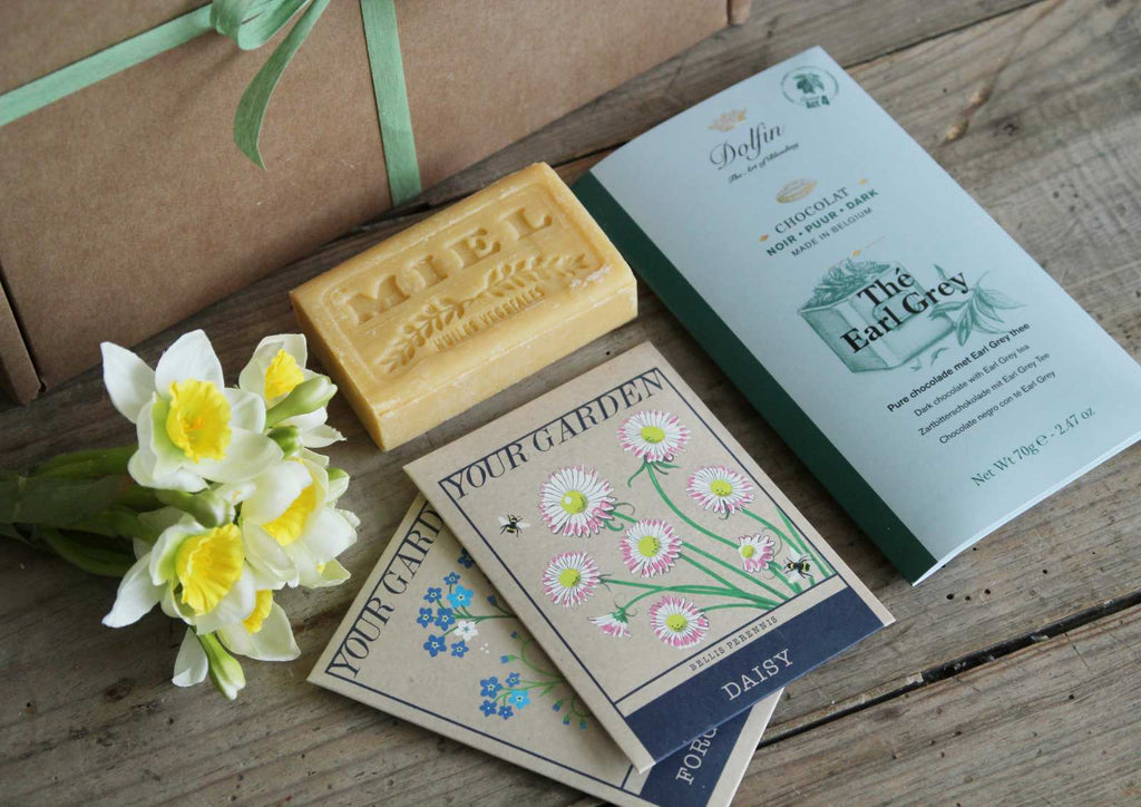 Gift wrapped Boxed Gift - Spring Daffodils, chocolate, soap and garden seeds