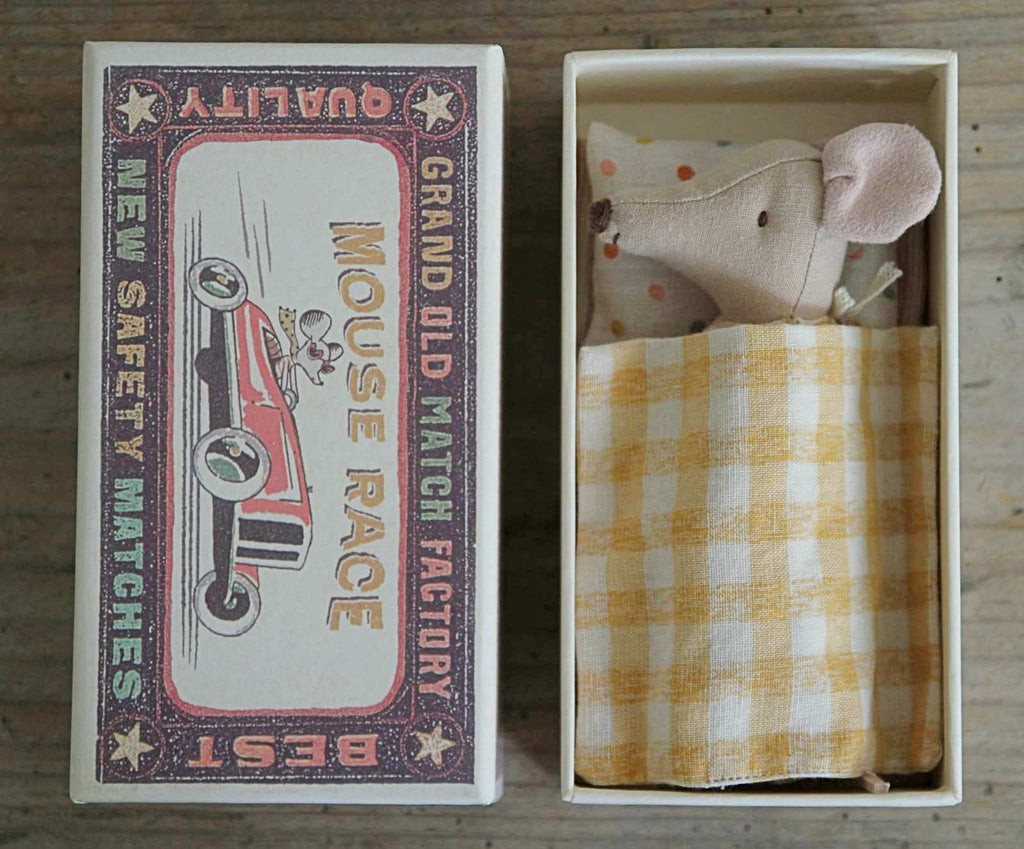 Maileg Big Sister Mouse in Matchbox, cosy tucked up in bed
