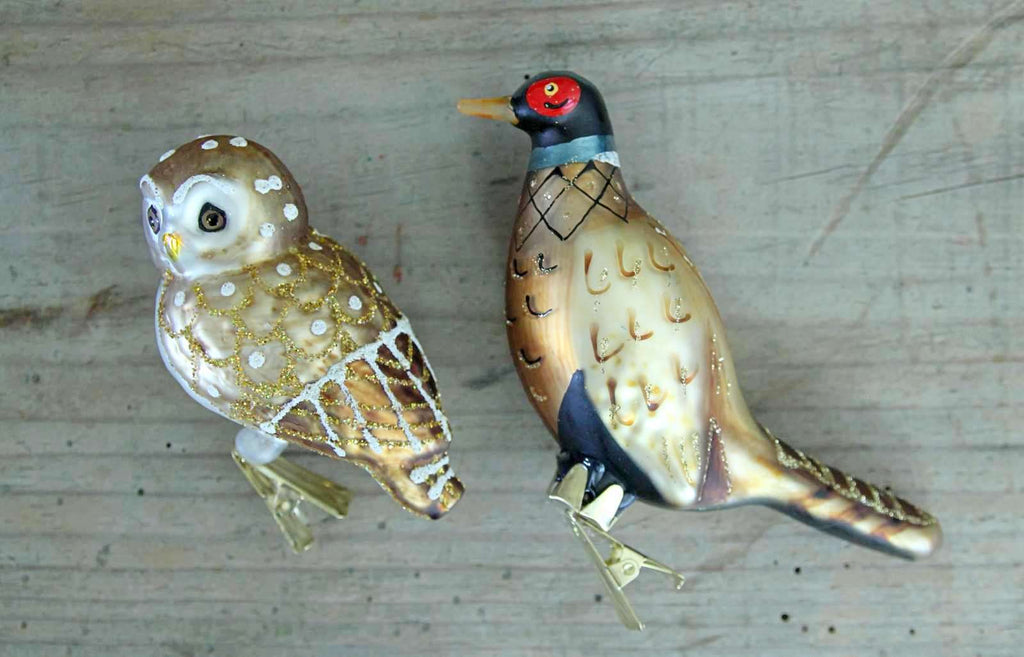 Glass Pheasant Decoration - beautifully old fashioned Pheasant and owl Christmas decoration on a peg