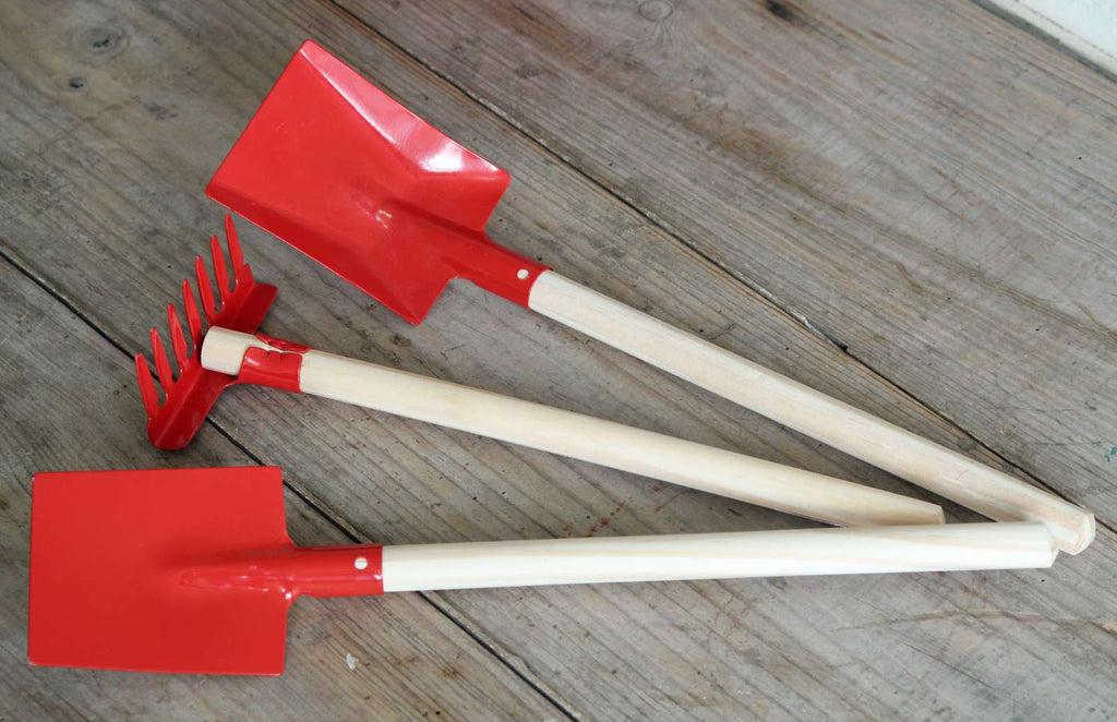 Red enamel and wood gardening tools for children