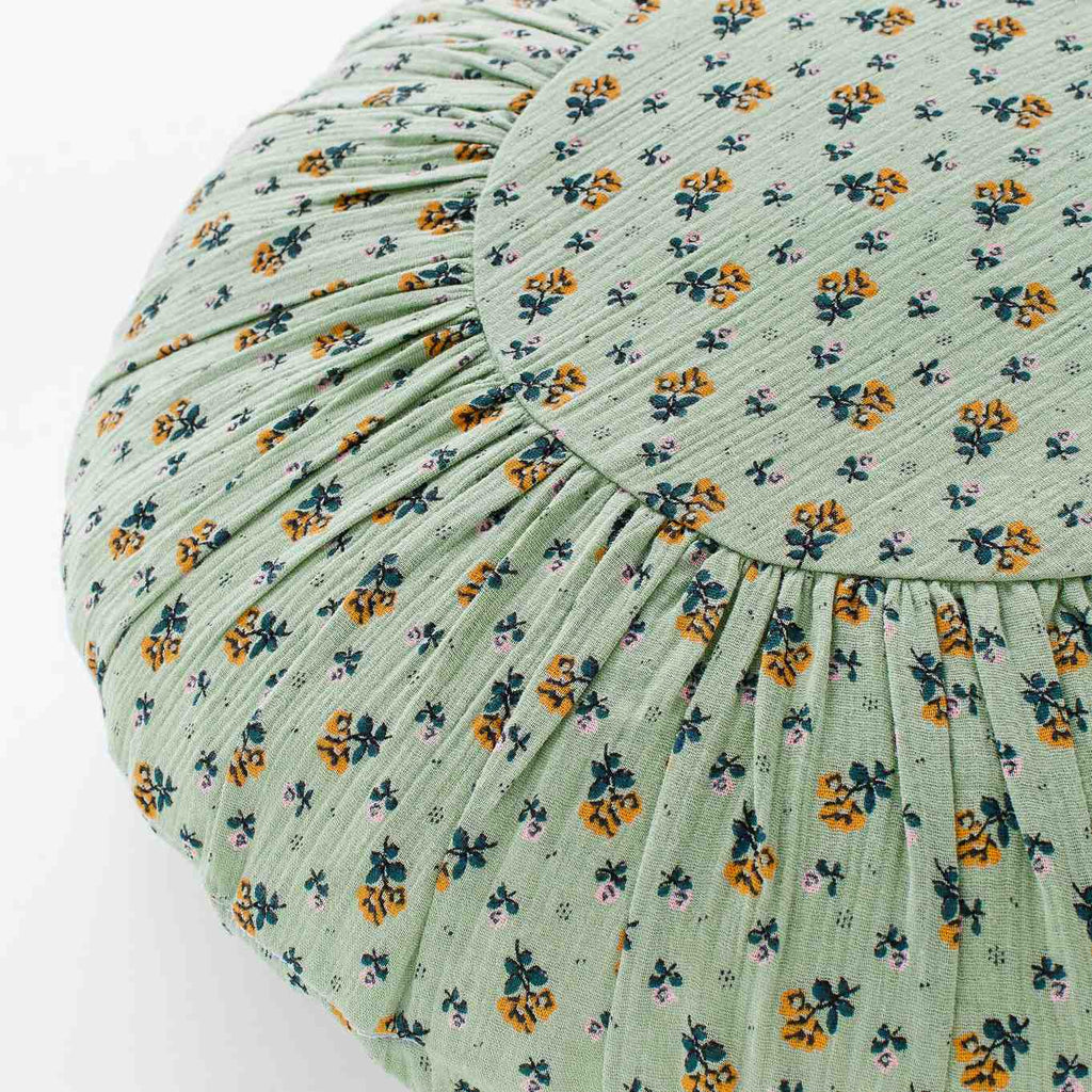 Vintage Round gauze cushion in Pistachio Floral, made from 100 percent cotton