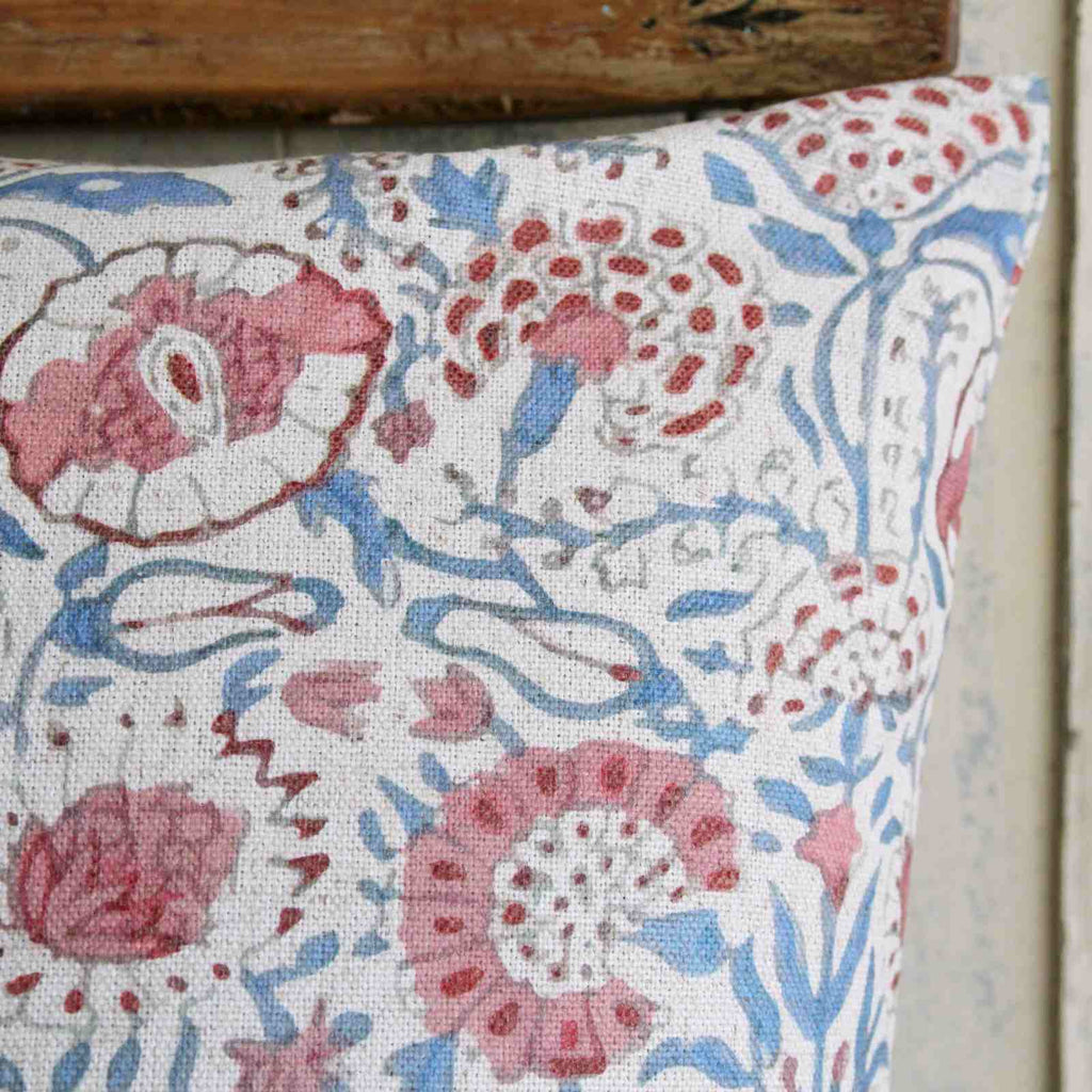Rustic Floral Cushion - Pink & Blue close up