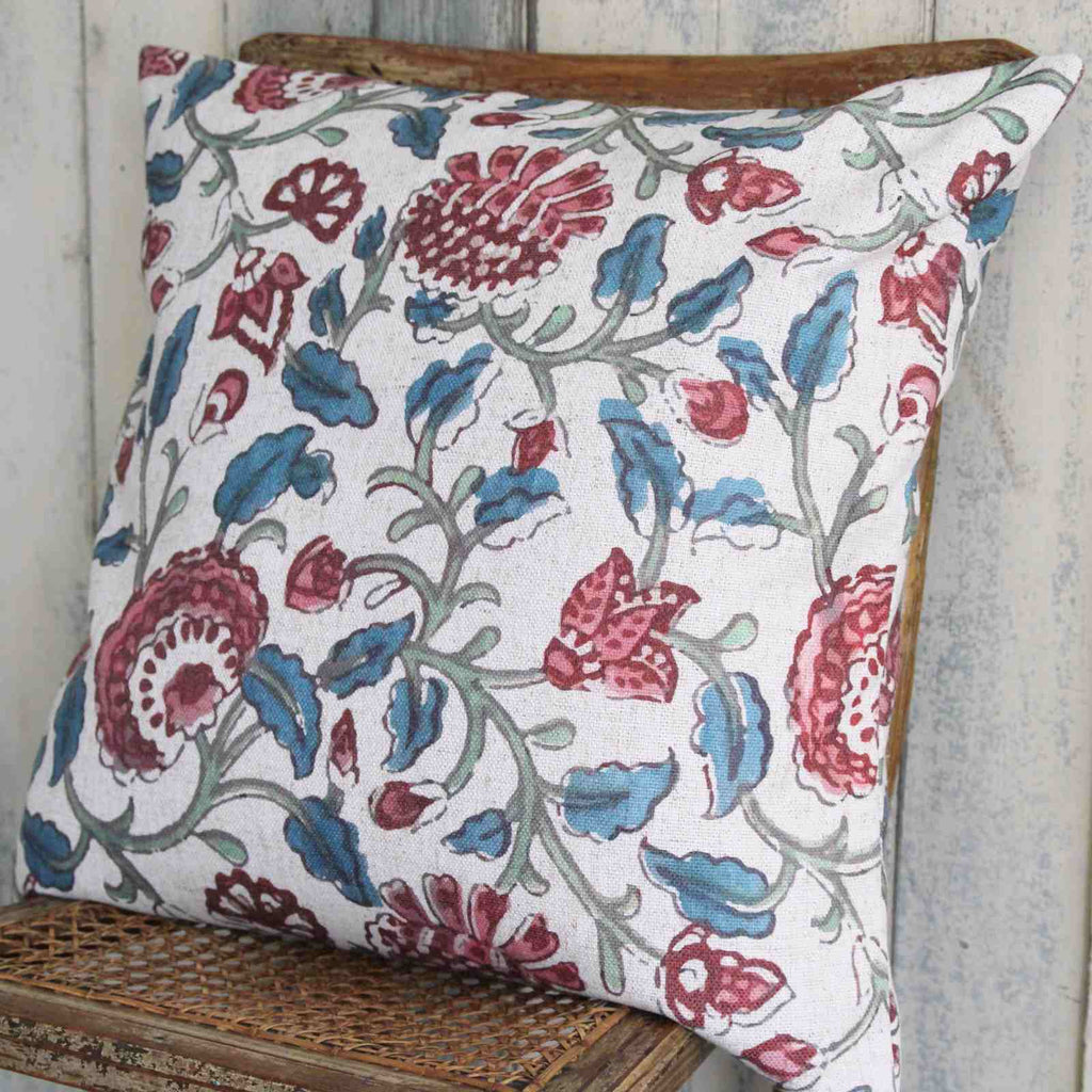 Rustic Floral Cushion - Teal and Burgundy