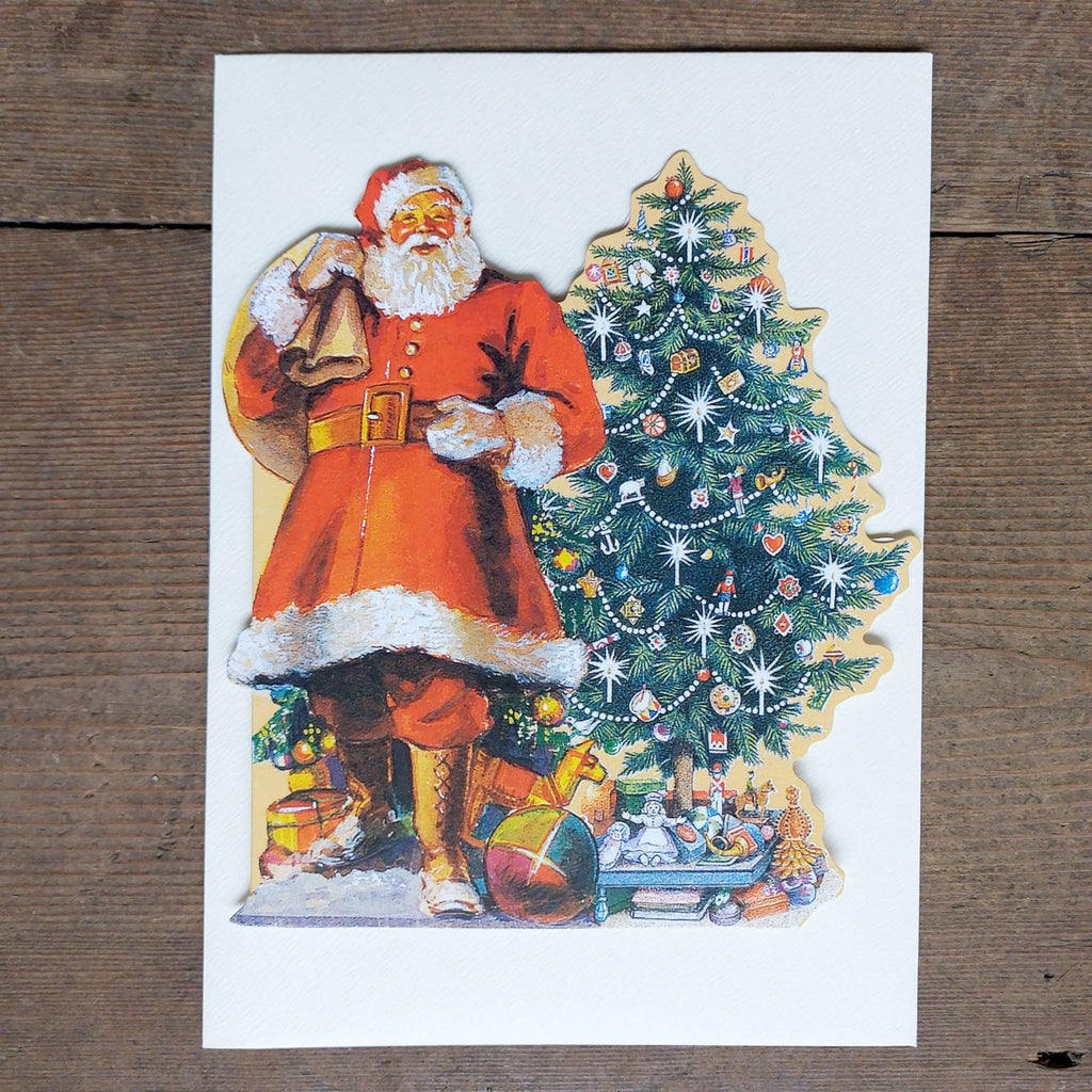 Single Christmas Card - Santa. Classic Victorian style traditional Christmas card featuring Father Christmas by the tree.