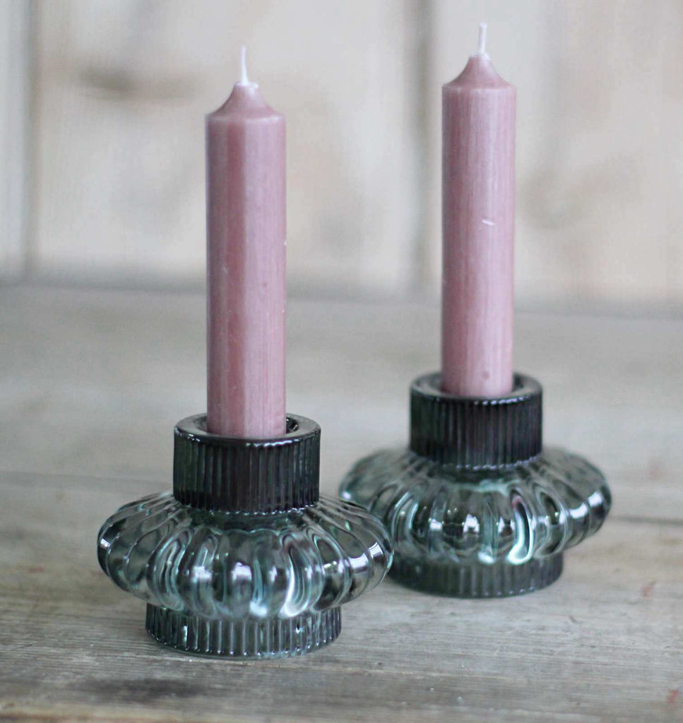 candle holder green glass with pink candles