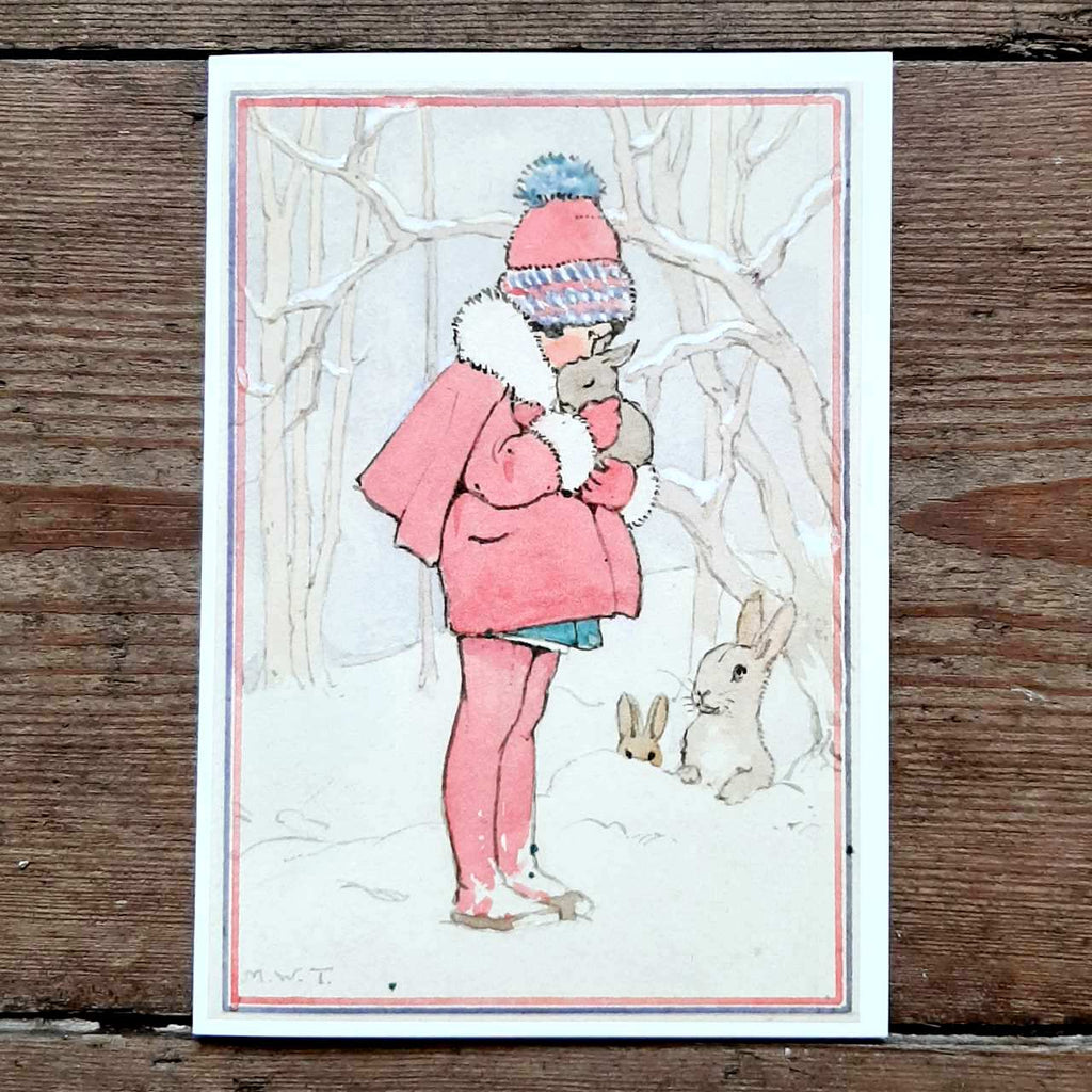Single Traditional Christmas card - Girl Hugs Bunny by Margaret Tarrant