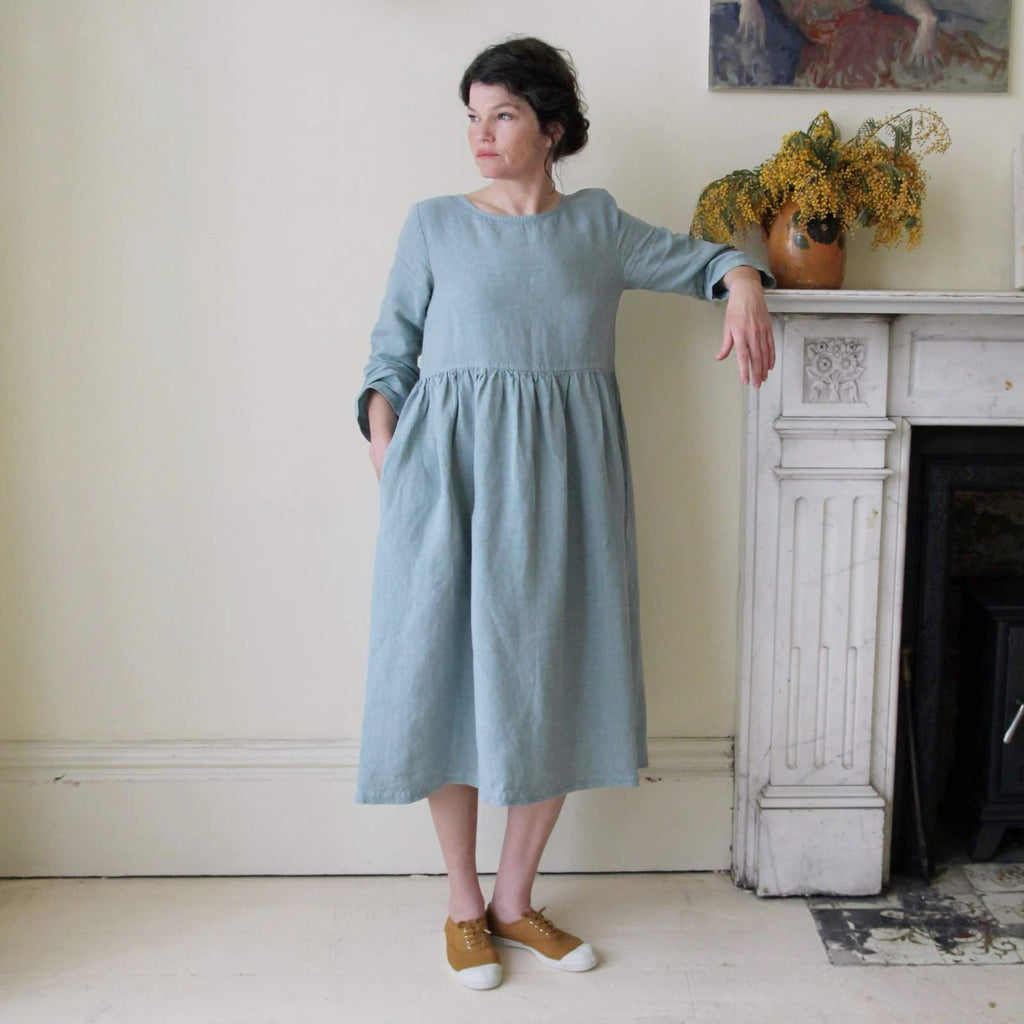 Handmade Linen Smock Dress in Duck Egg