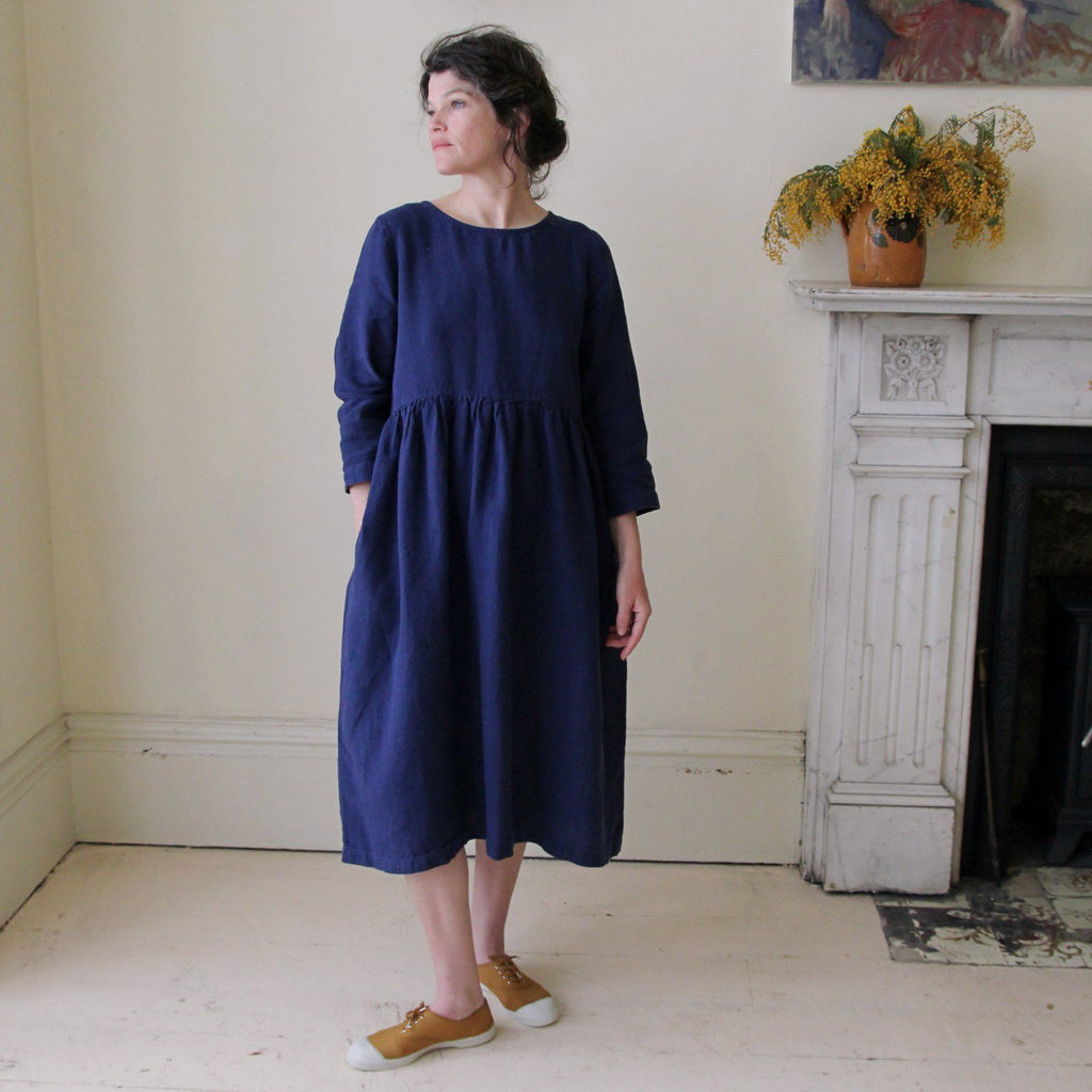 Handmade Linen Smock Dress in Navy