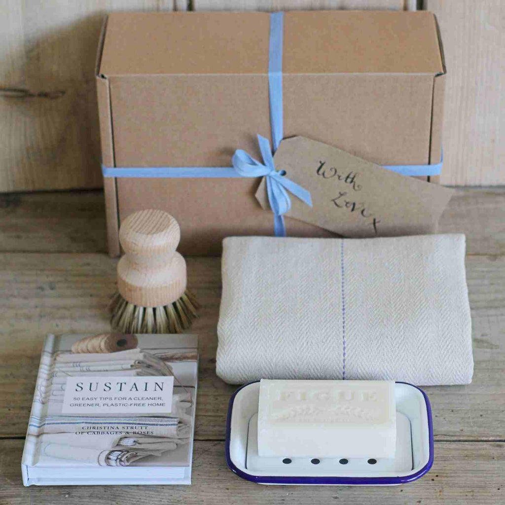 Boxed Gift Sustainable Home contents of book, soap pot brush and tea towel